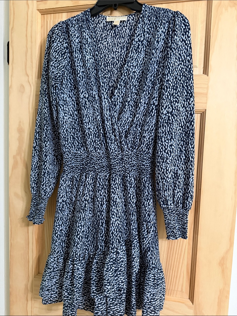 Michael Kors Navy and White Printed Long Sleeve Dress